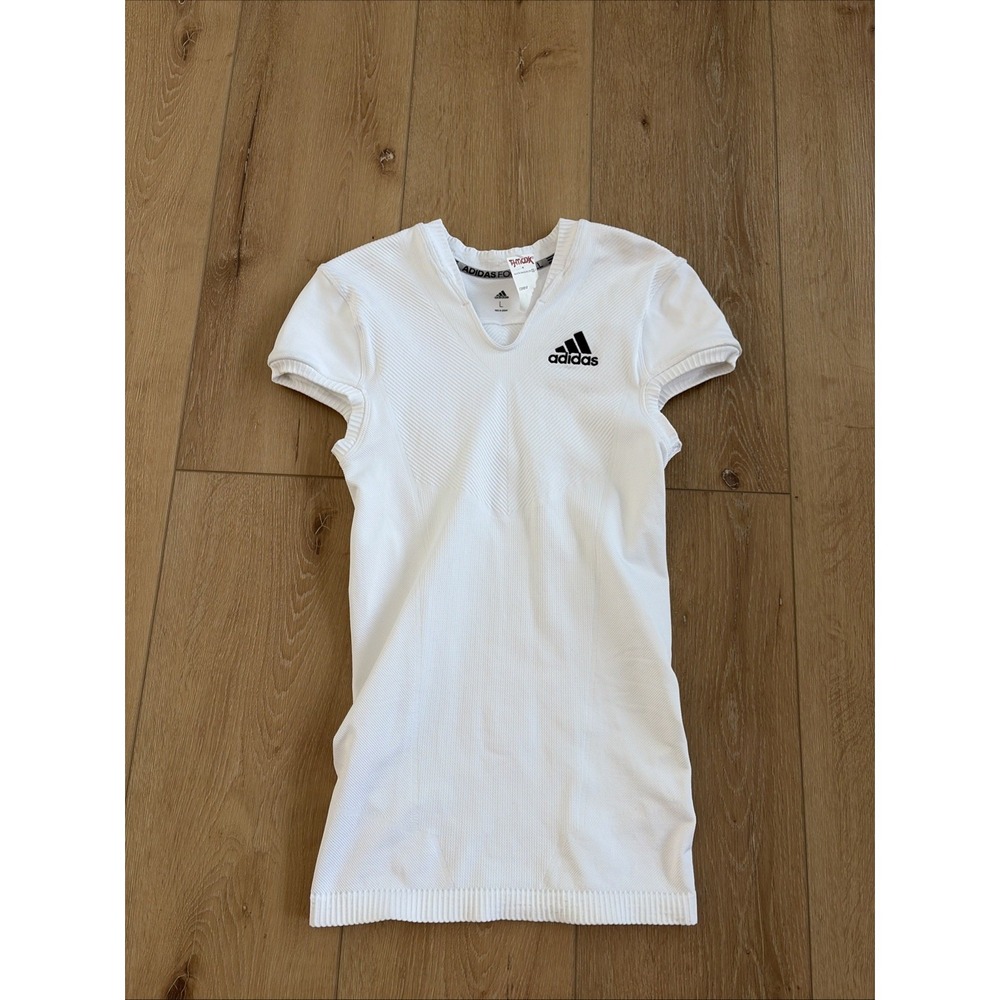 Adidas Football Shirt Mens Large White Compression Jersey V Neck Short Sleeve
